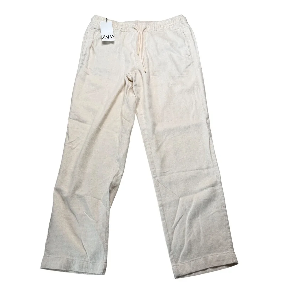 ZARA Relaxed Fit Trousers Cream Textured Drawstring Men's Size XL NWT